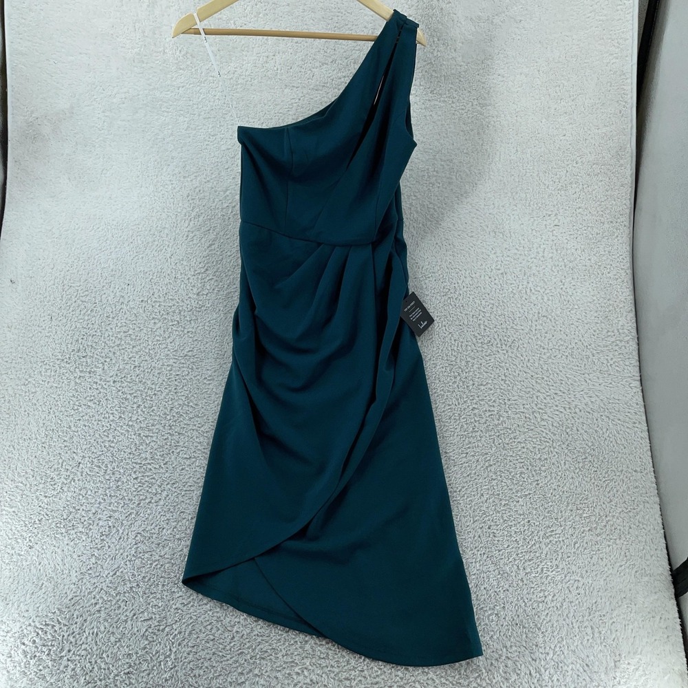 Lulus Dress Women's Medium Teal One Shoulder Asymmetrical Ruched Cocktail Midi